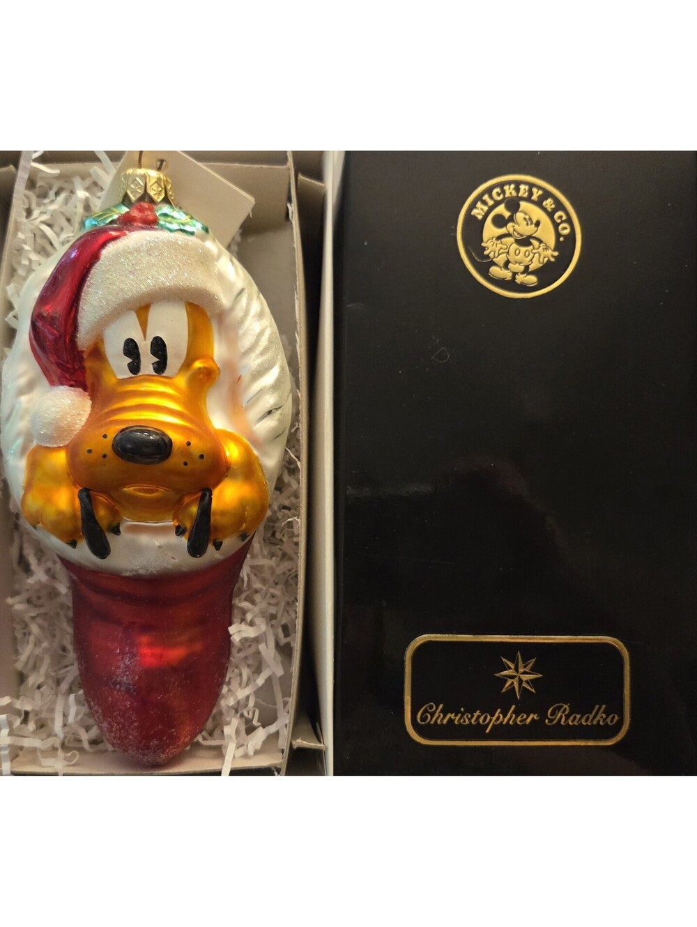 Christopher Radko '98 Disney Pluto Stocking Glass Ornament, 7 ", Box & Tag, Mint